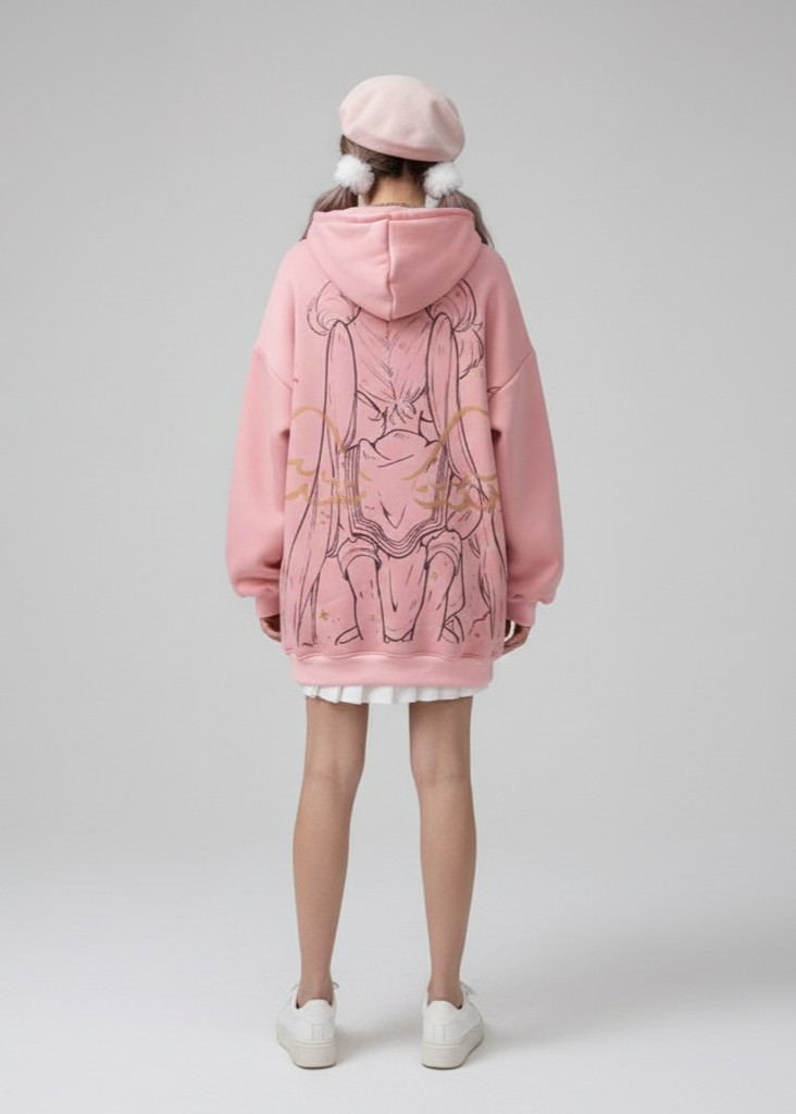 Person wearing a pink hoodie with a design on the back against a gray background