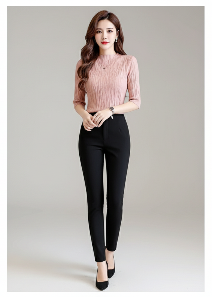Woman wearing a pink blouse and black pants on a plain background