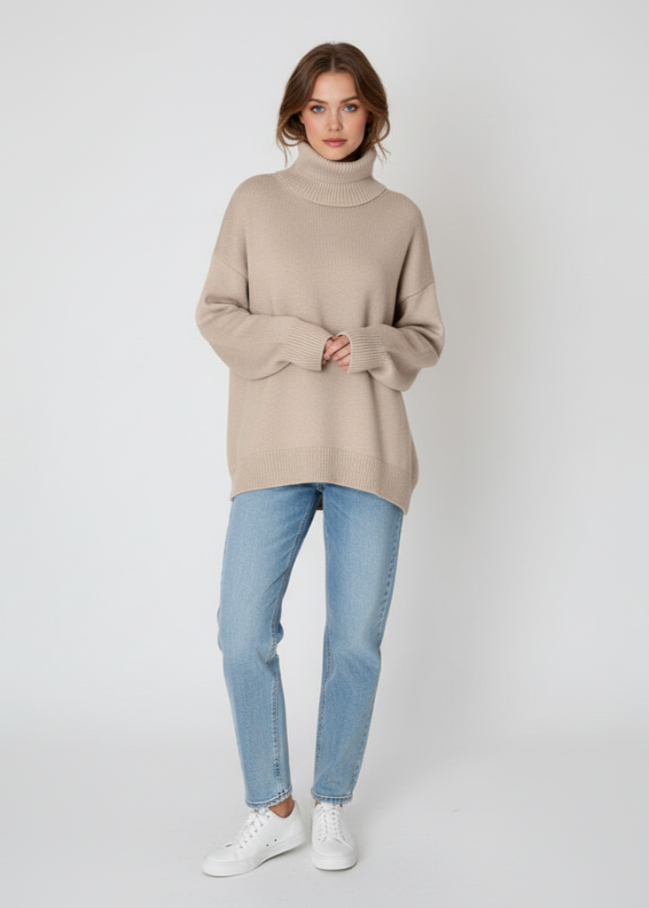 Woman wearing a beige turtleneck sweater, light blue jeans, and white sneakers on a white background