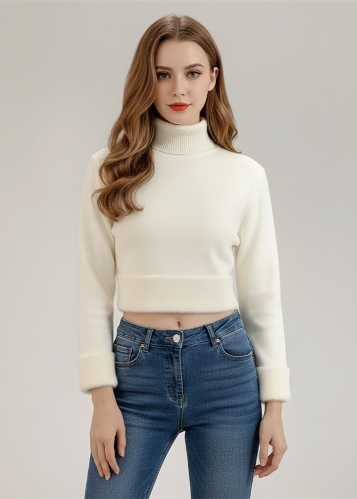 Woman wearing a cream turtleneck sweater and blue jeans on a plain background