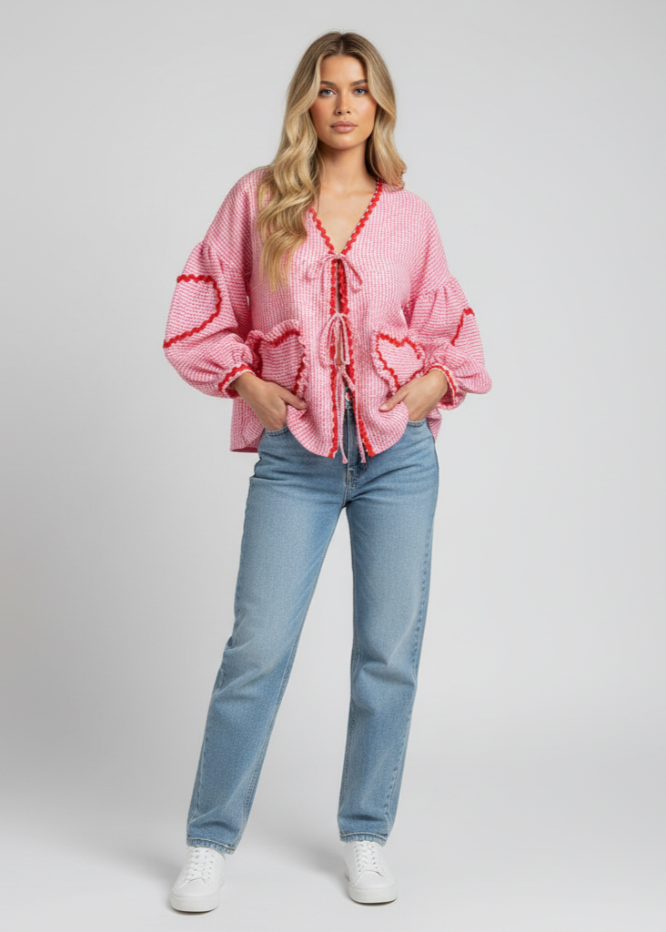 Gingham Tie-Front Top with Heart Pockets
