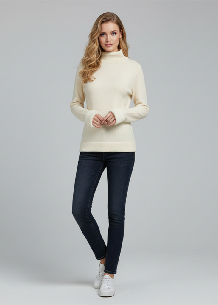 Woman wearing a cream turtleneck sweater and dark jeans on a gray background