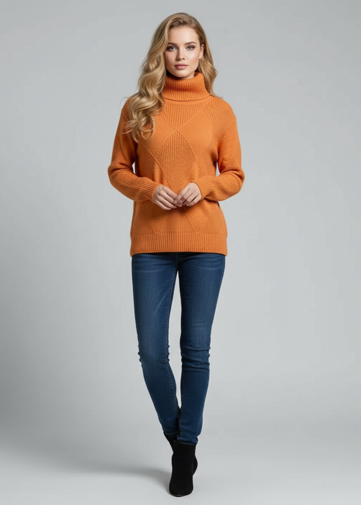 Woman wearing an orange sweater and blue jeans on a gray background