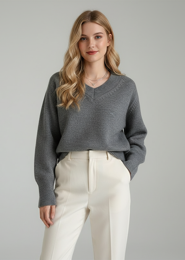 Woman wearing a gray sweater and white pants against a plain background