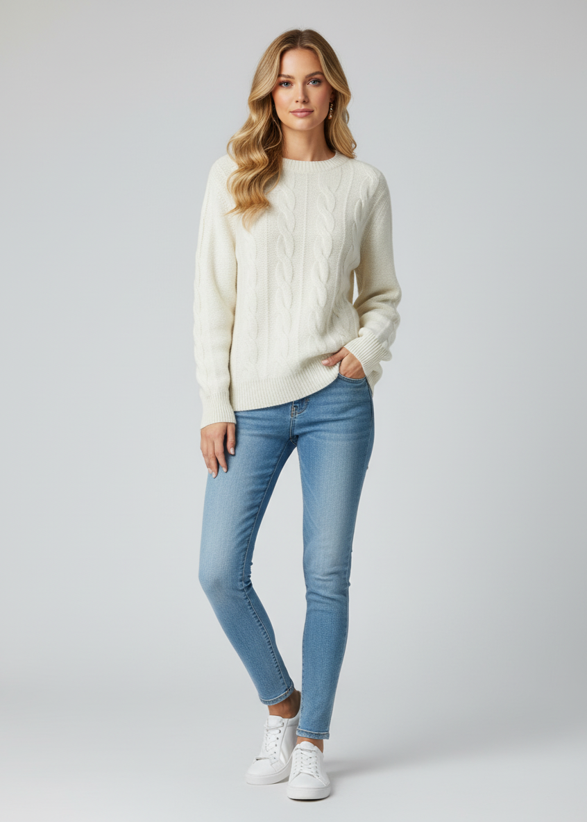 Woman wearing a cream sweater and light blue jeans on a gray background