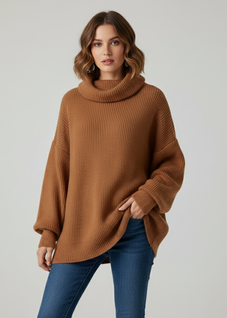 Woman wearing a brown sweater and blue jeans on a plain background