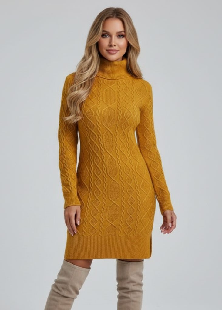 Woman wearing a mustard yellow cable knit dress on a gray background