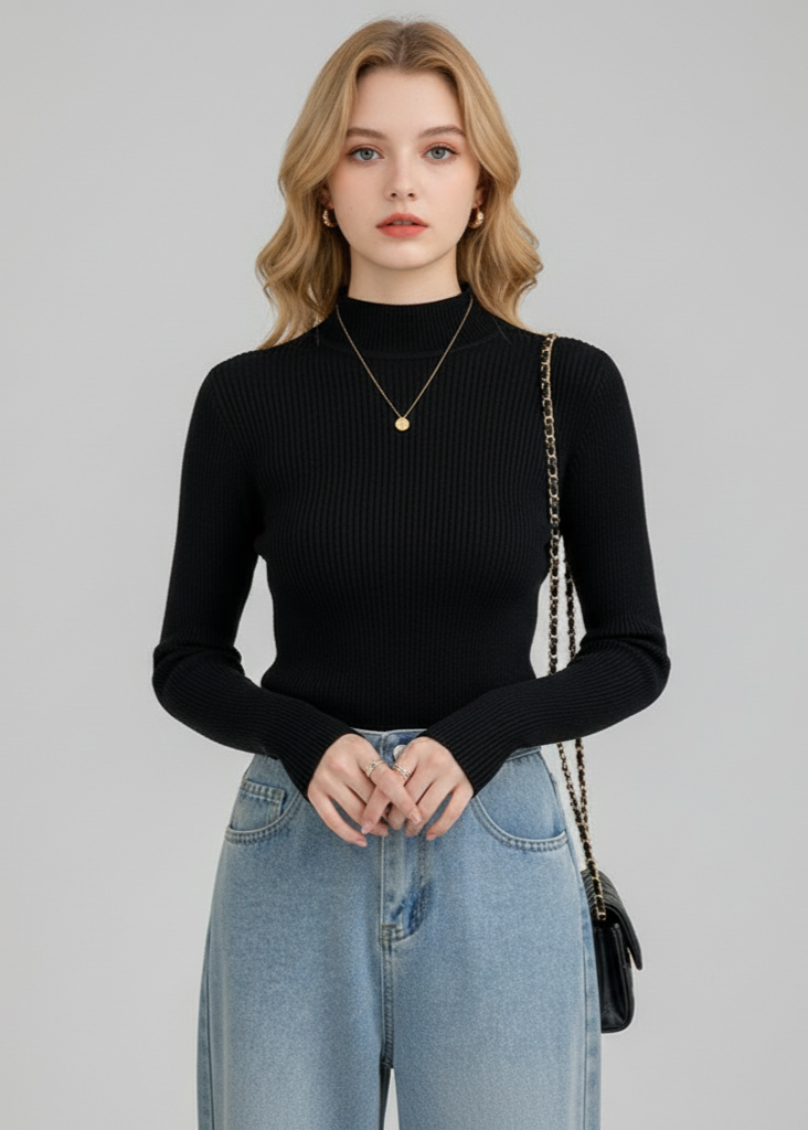 Woman wearing a black ribbed sweater and blue jeans on a gray background