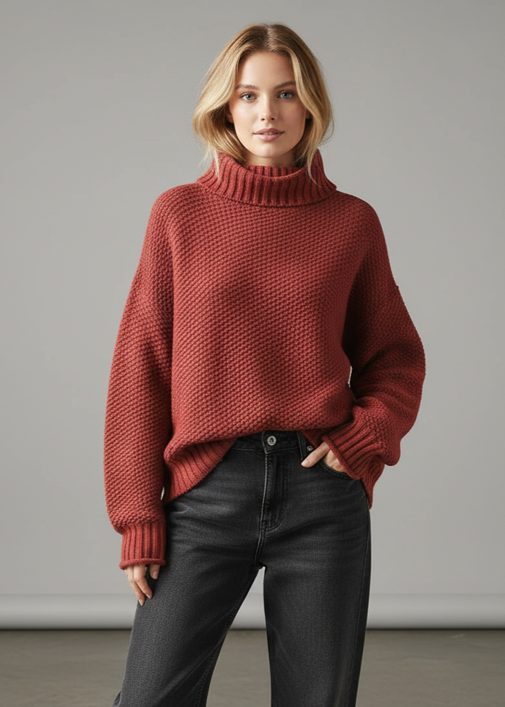 Woman wearing a red sweater and black pants against a gray background