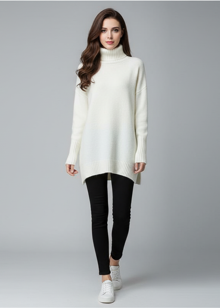 Woman wearing a white turtleneck sweater and black pants on a gray background