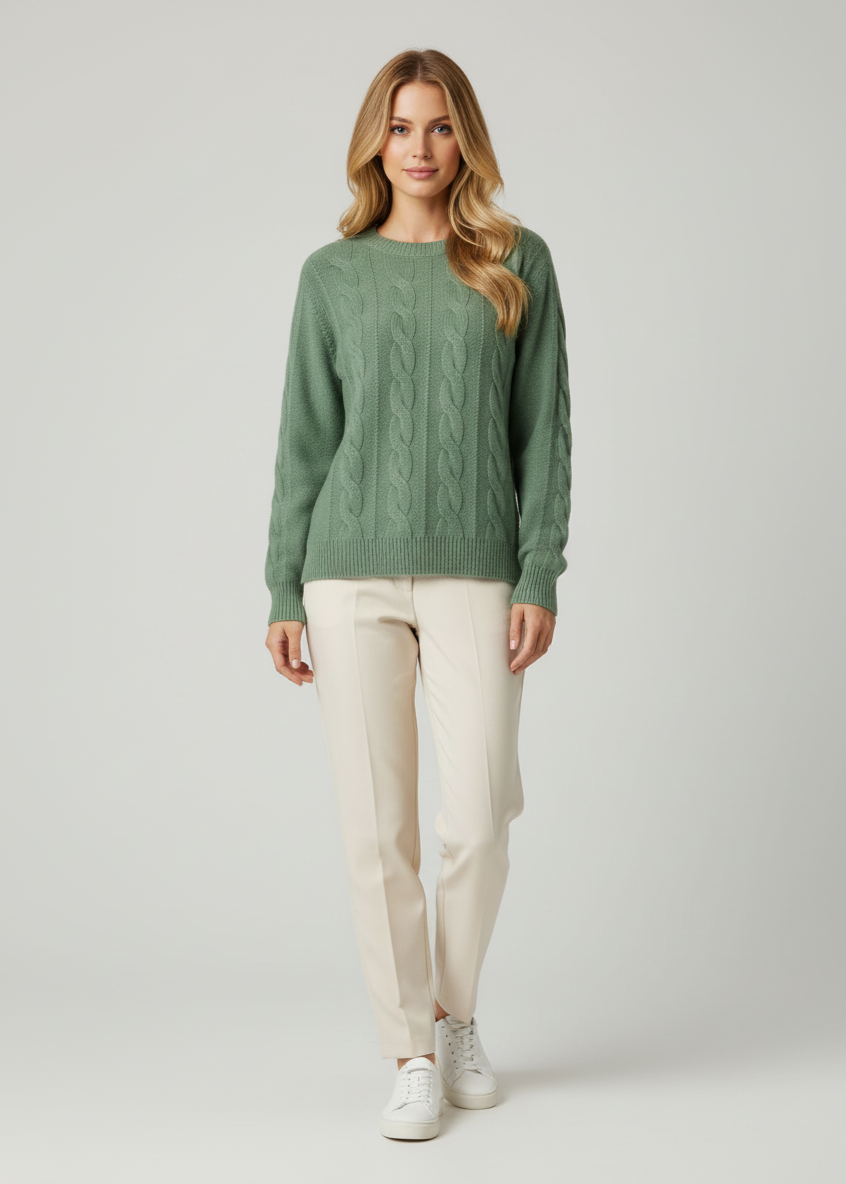 Woman wearing a green sweater and white pants on a plain background