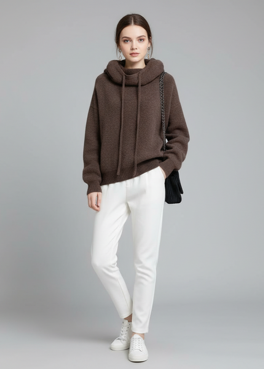 Woman wearing a brown hoodie, white pants, and white sneakers on a gray background