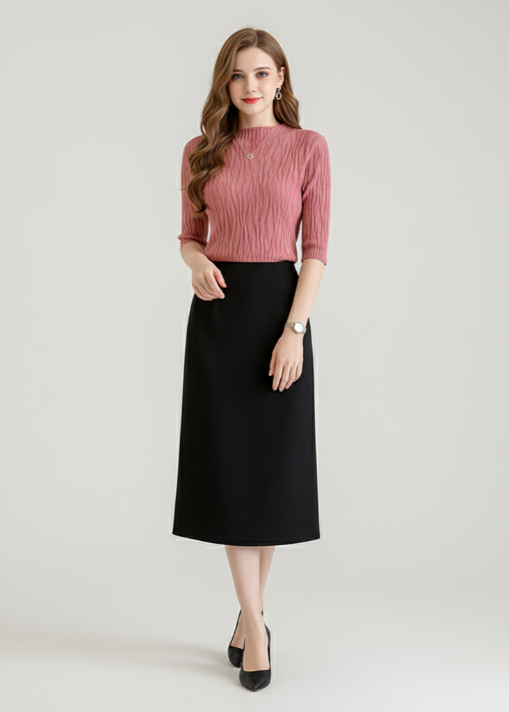 Woman wearing a pink top and black skirt on a light gray background