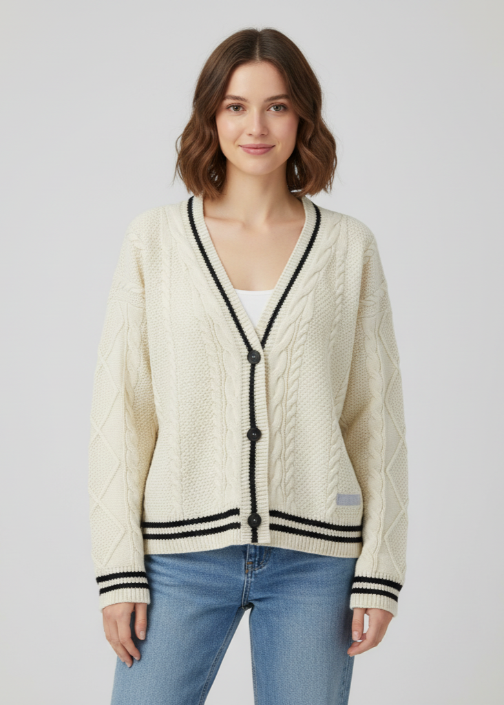 Woman wearing a cream cardigan with black trim on a plain background