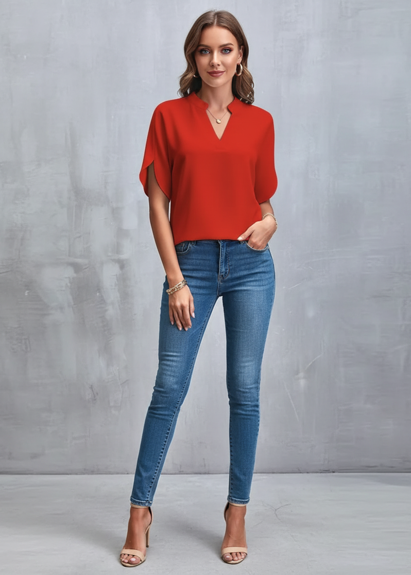 Red Petal Sleeve V-Neck Top