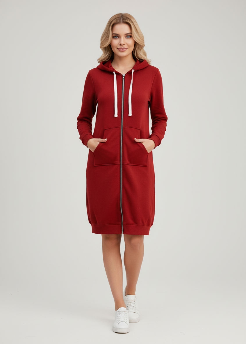 Woman wearing a red hoodie dress on a light gray background