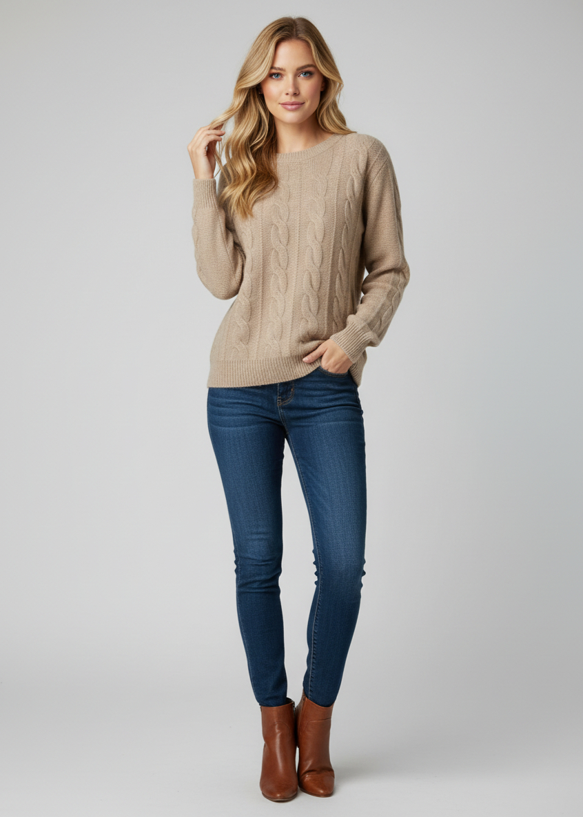 Woman wearing a beige sweater, blue jeans, and brown boots on a gray background