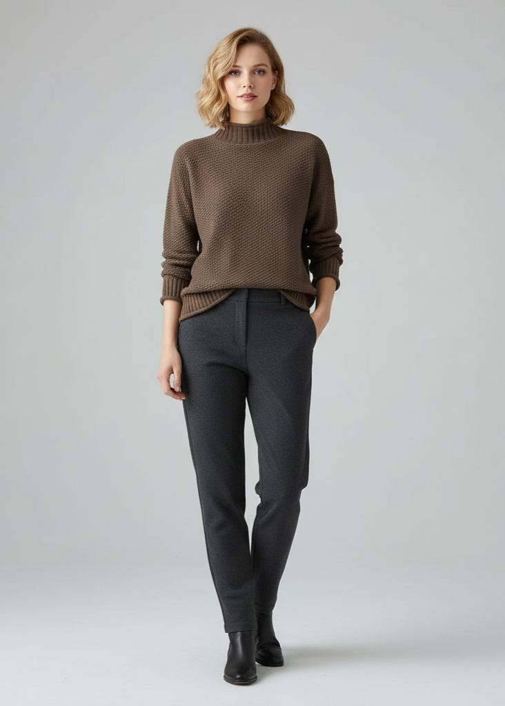 Woman wearing a brown sweater and dark gray pants on a plain background