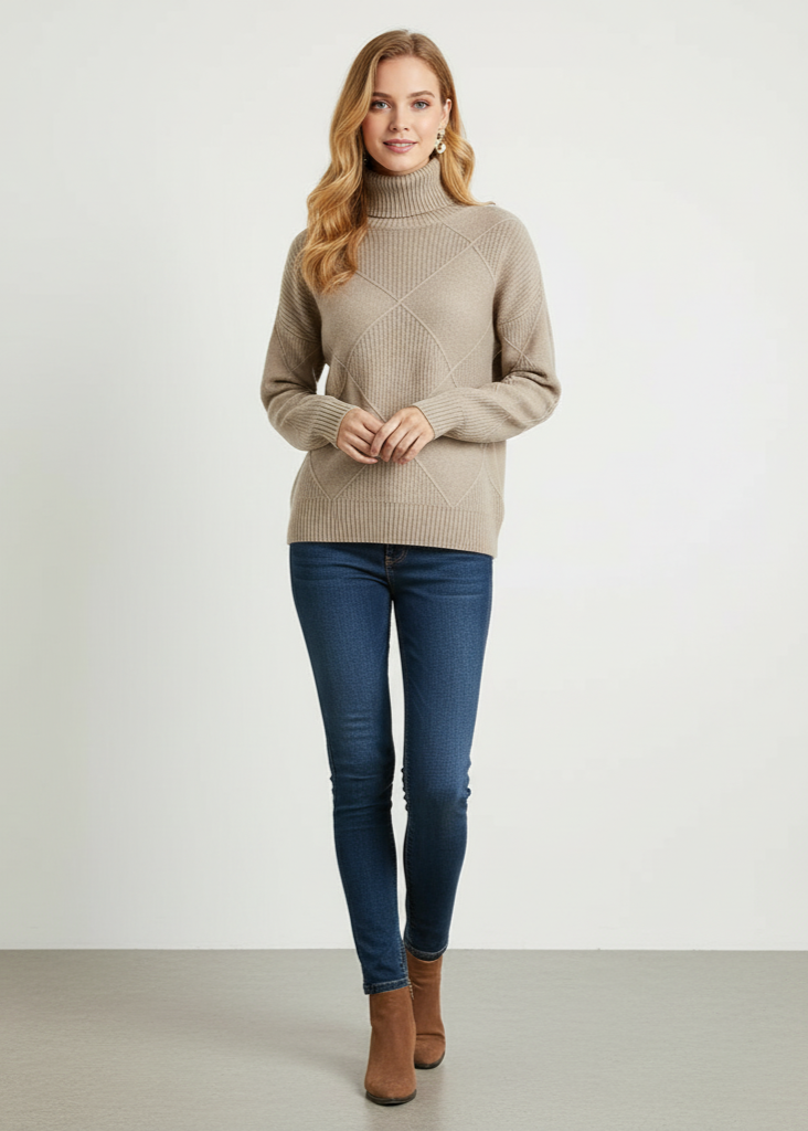 Woman wearing a beige turtleneck sweater and blue jeans on a white background