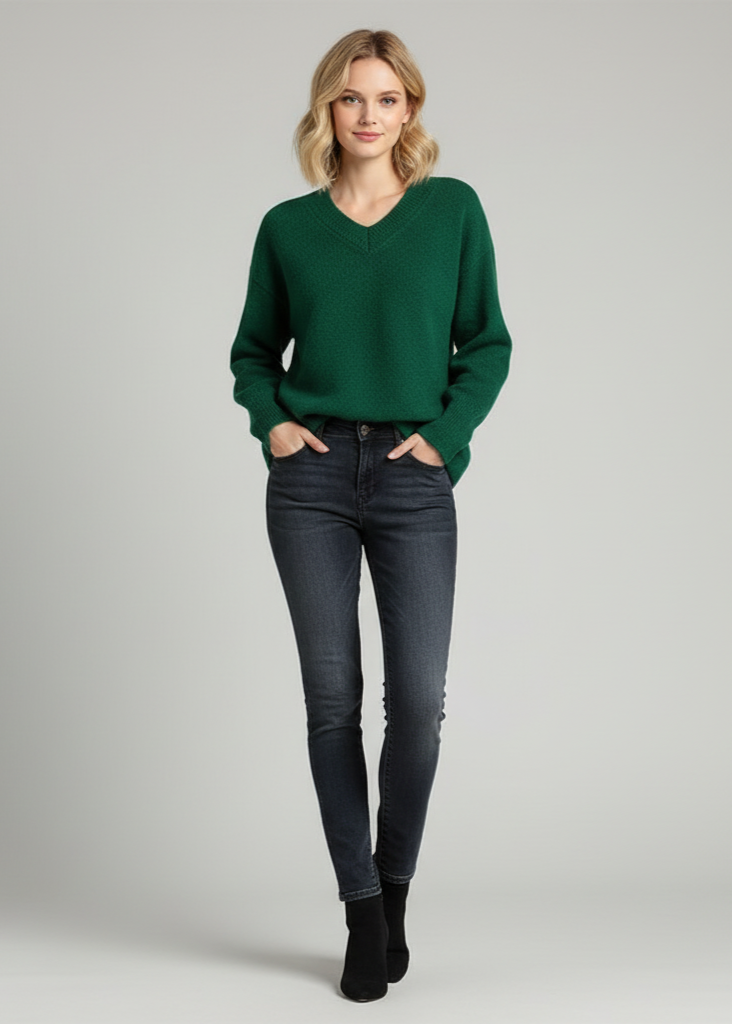 Woman wearing a green sweater and dark jeans on a gray background