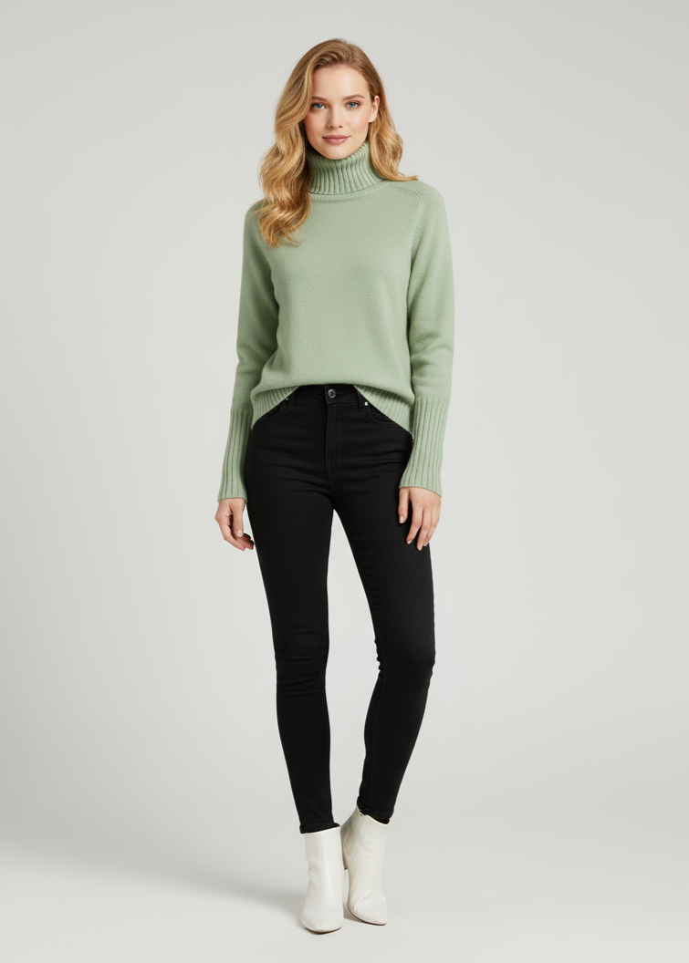 Woman wearing a green sweater and black pants on a light gray background