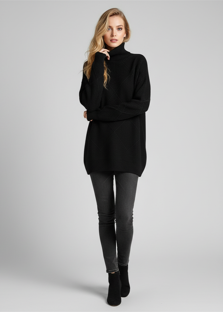 Woman wearing a black turtleneck sweater and gray pants on a light gray background