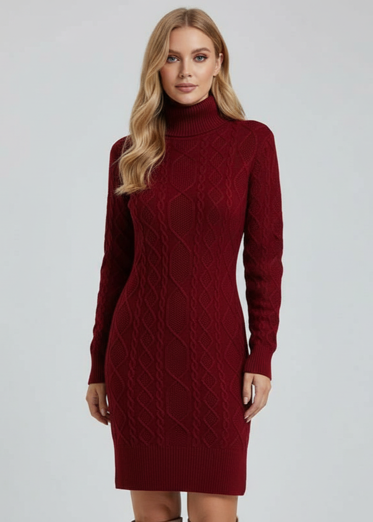 Woman wearing a red cable knit dress against a plain background