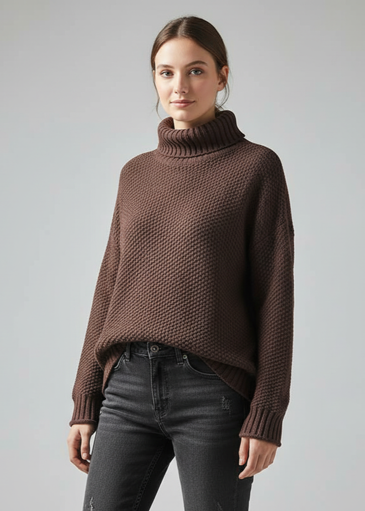 Woman wearing a brown knitted sweater and dark jeans against a gray background