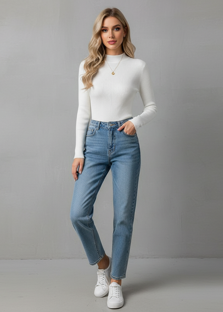 Woman wearing a white sweater and blue jeans against a gray background