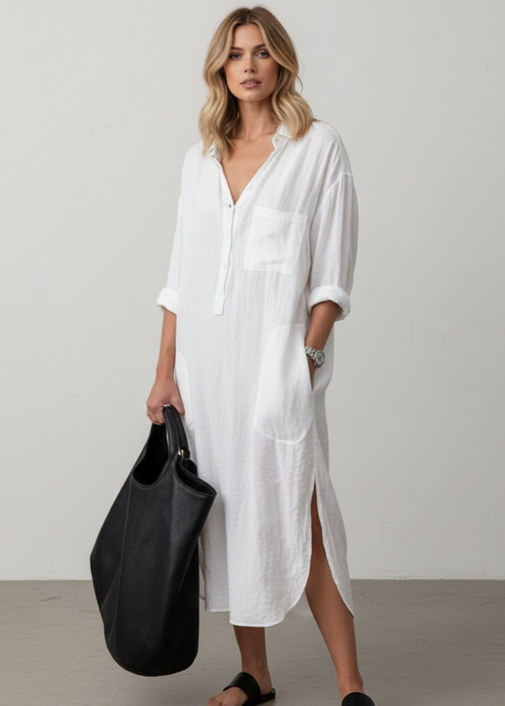 Woman wearing a white dress holding a black bag against a plain background