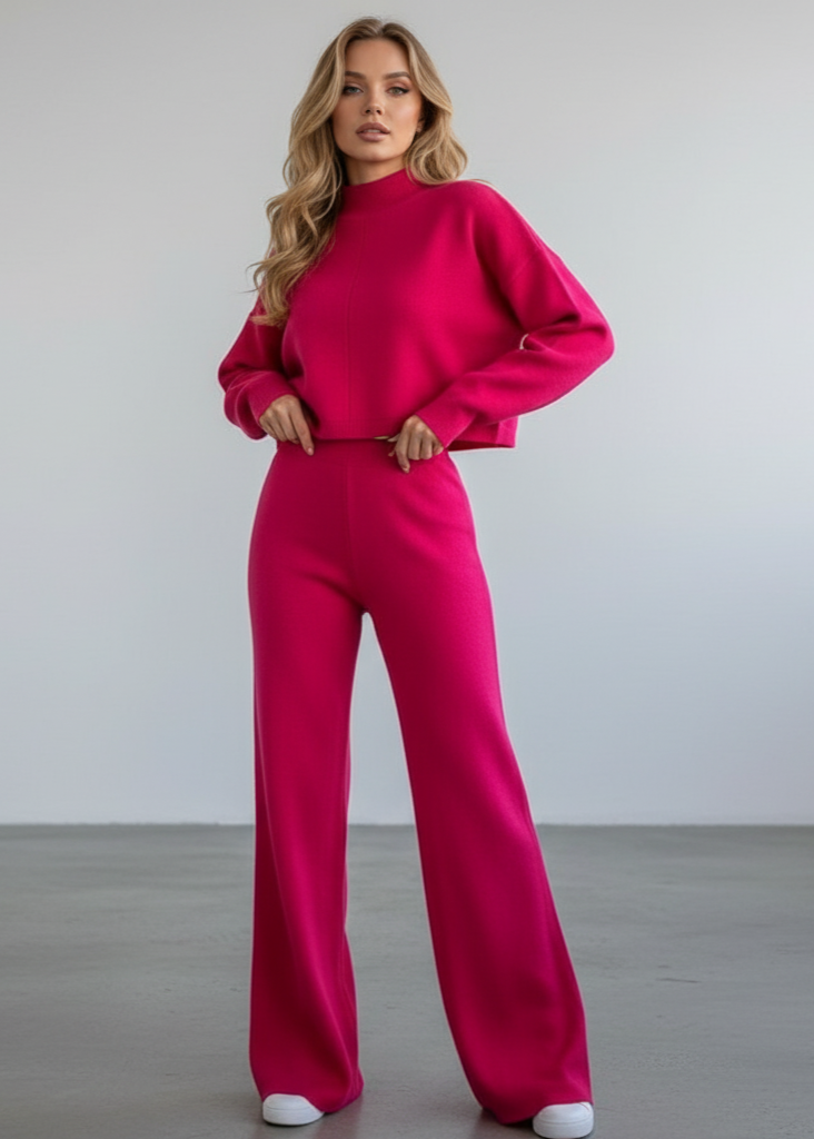 Woman wearing a bright pink outfit against a plain background