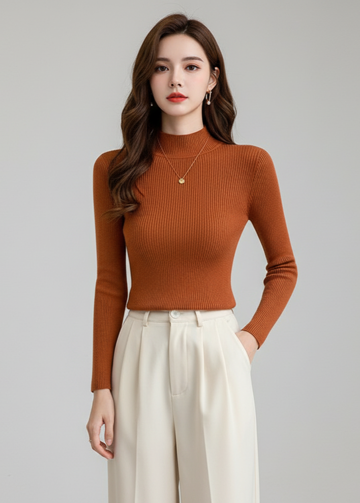 Woman wearing a brown ribbed sweater and white pants against a gray background