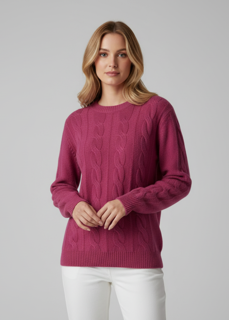 Woman wearing a pink sweater on a gray background