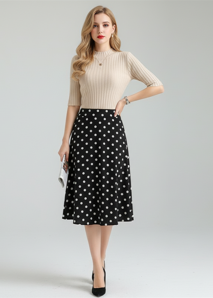 Woman wearing a beige sweater and black polka dot skirt on a gray background