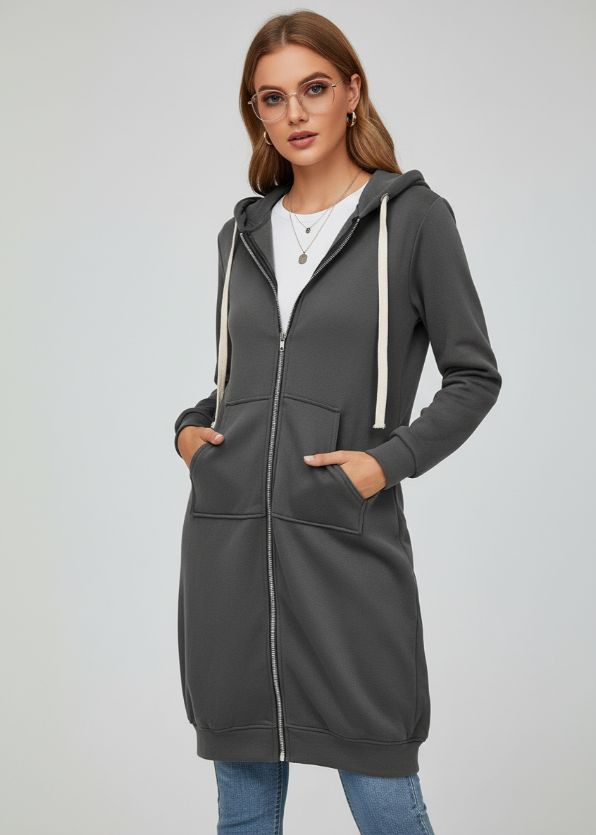 Woman wearing a long gray hoodie on a plain background