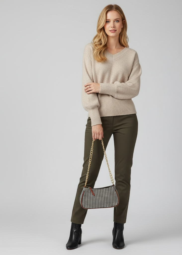 Woman wearing a beige sweater and green pants, holding a checkered handbag on a light gray background
