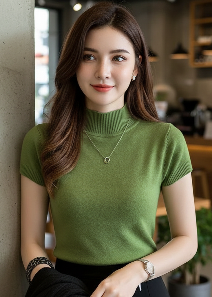 Neck Short Sleeve Knit Top for Women