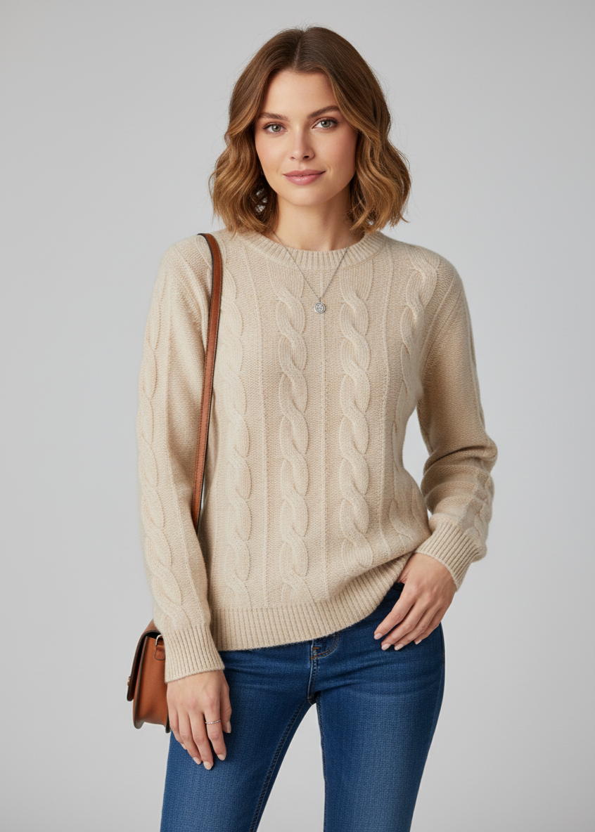 Woman wearing a beige cable knit sweater and blue jeans, standing against a plain background.