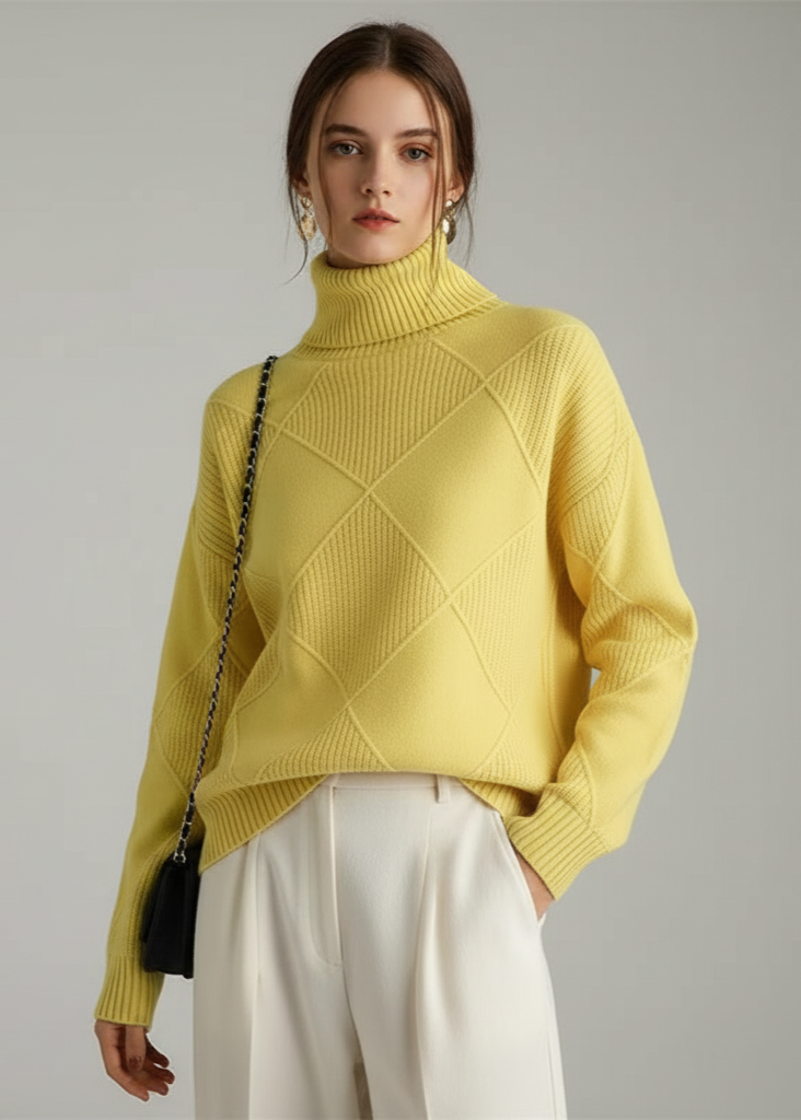 Woman wearing a yellow turtleneck sweater and white pants against a gray background
