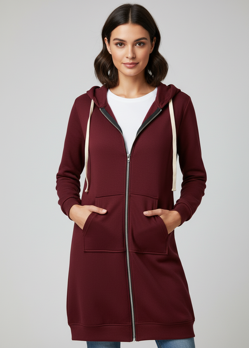 Woman wearing a burgundy hooded coat on a plain background