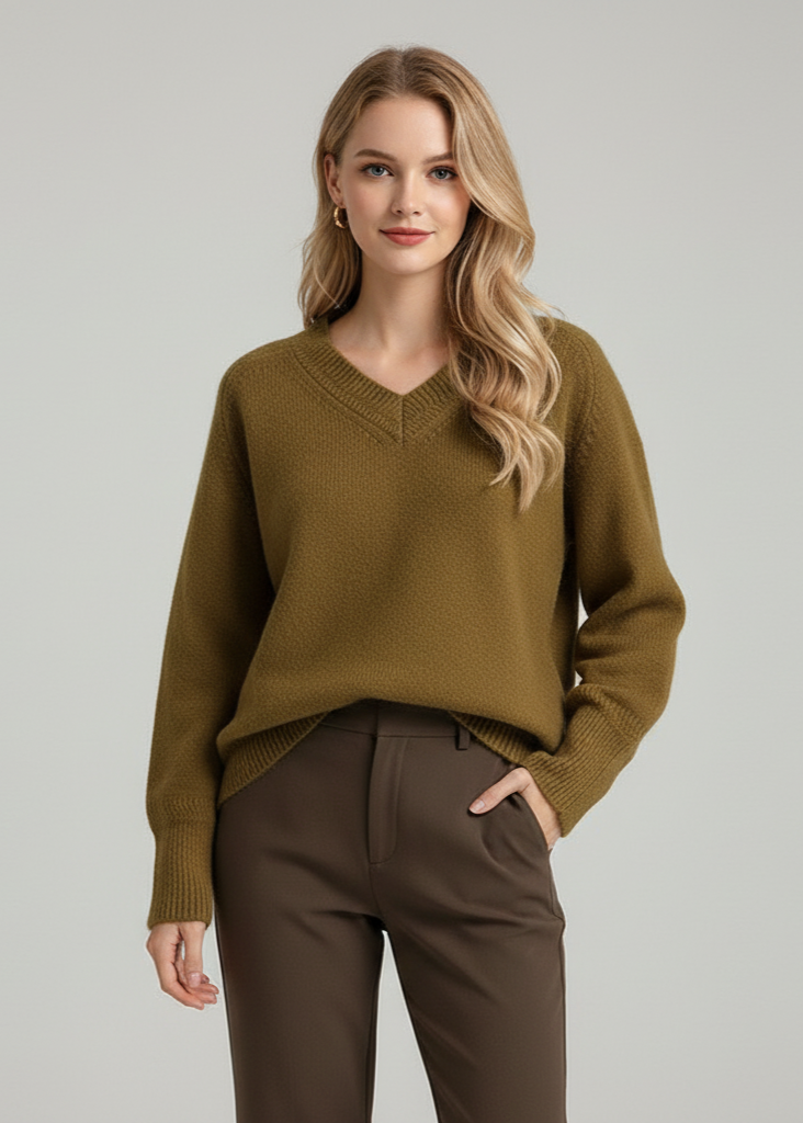 Woman wearing a green sweater and brown pants on a gray background