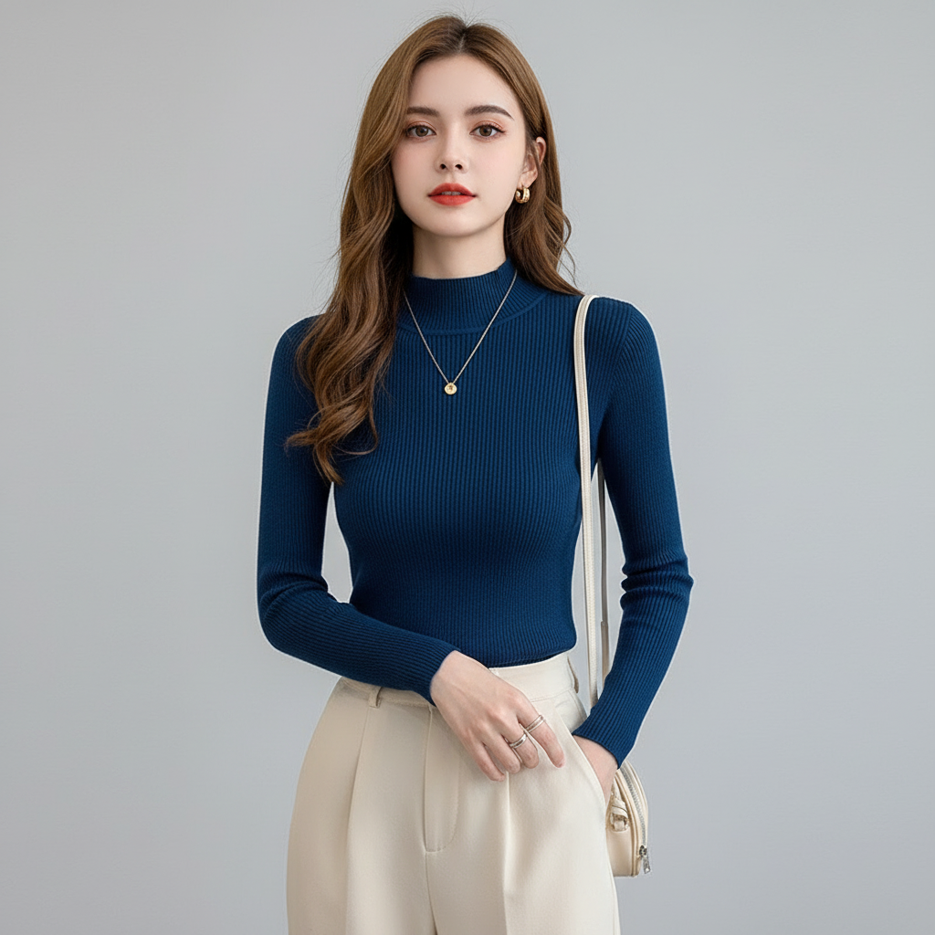 Woman wearing a blue ribbed sweater and beige pants against a gray background