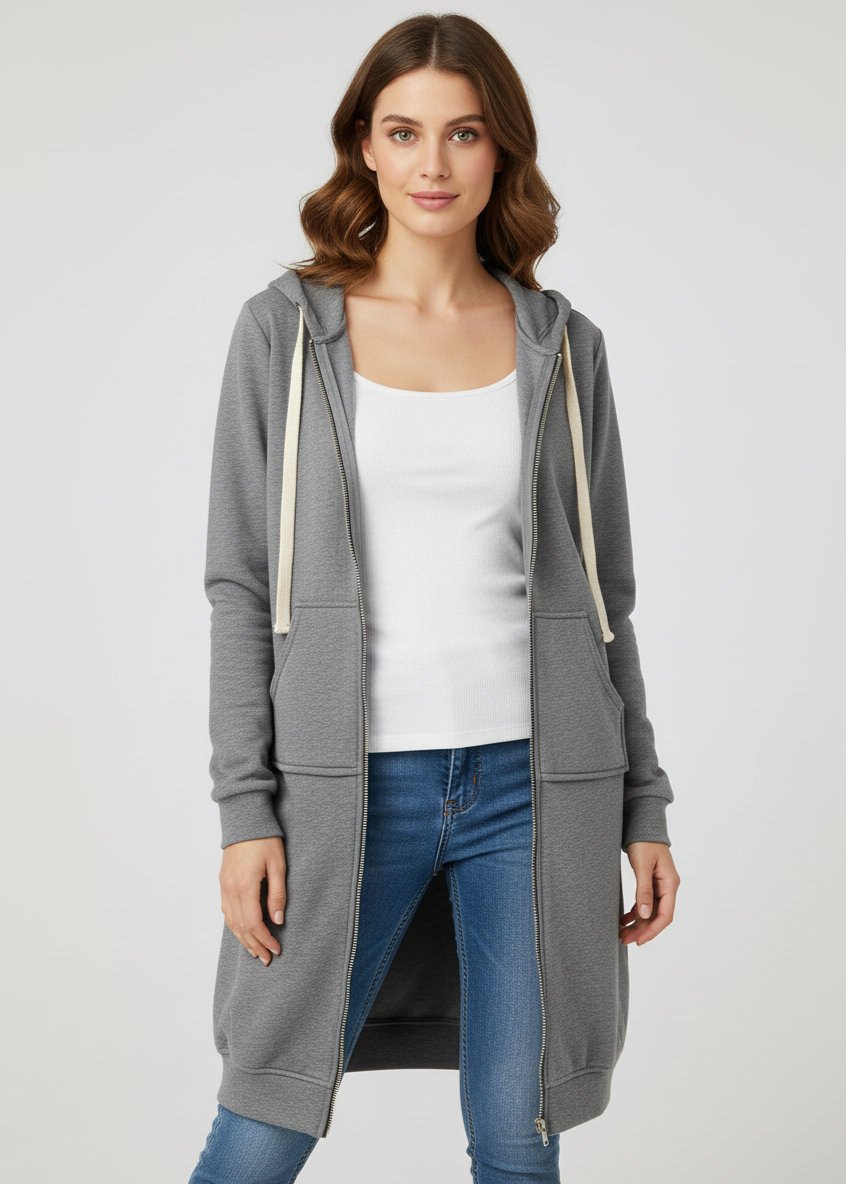 Woman wearing a gray long cardigan over a white top and blue jeans on a light gray background