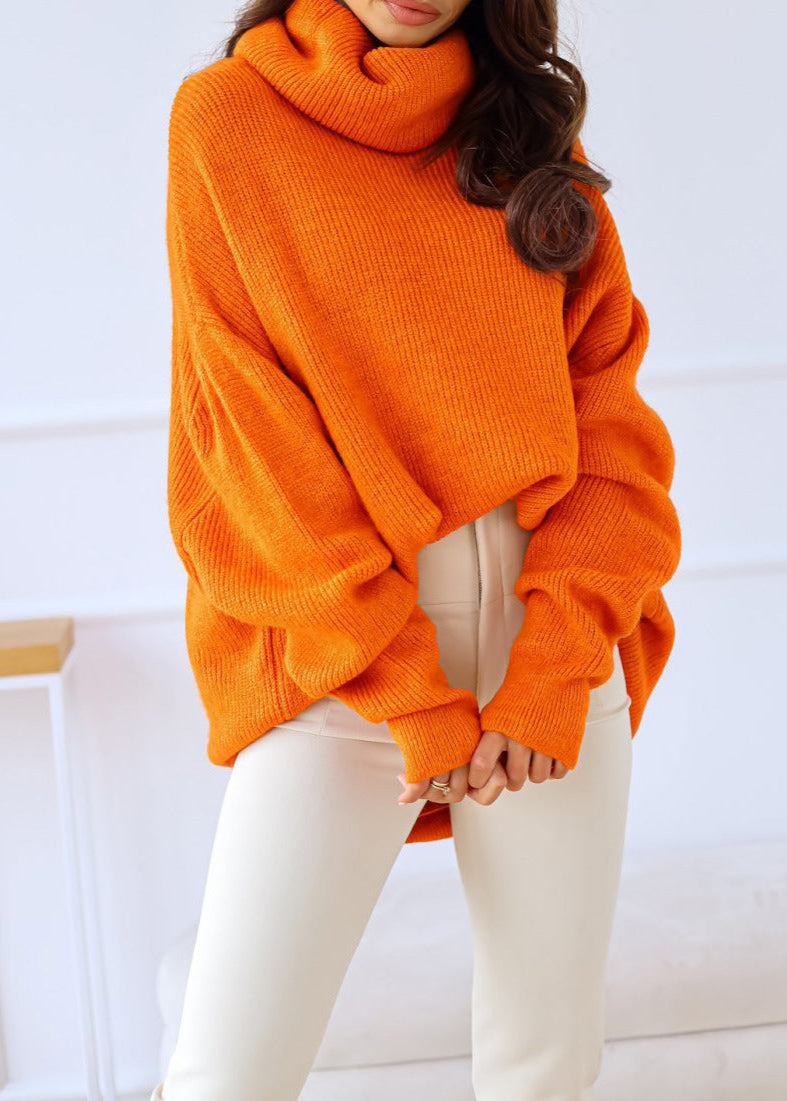 Person wearing an orange sweater with a white background