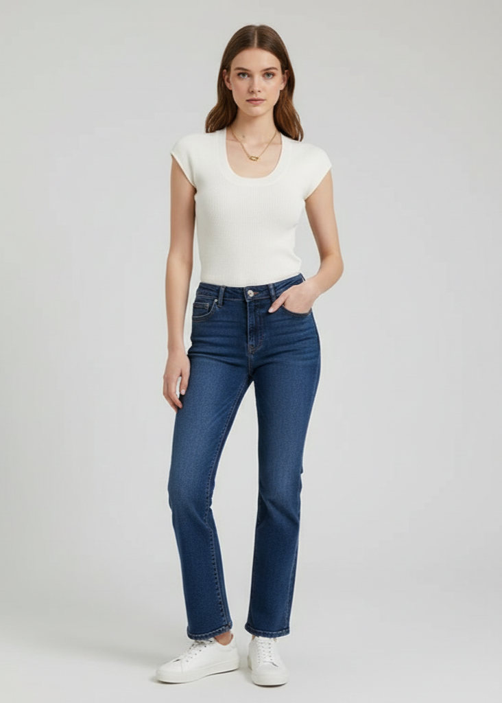 Woman wearing a white top and blue jeans on a plain background
