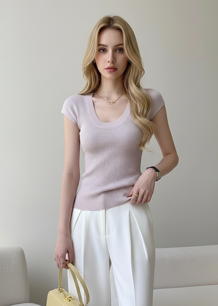 Woman wearing a light pink top and white pants, holding a yellow handbag against a plain background