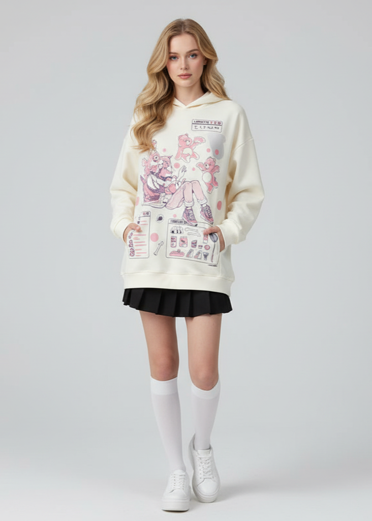 Person wearing a cream hoodie with a graphic design on a plain background