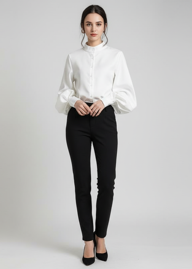 Woman wearing a white blouse and black pants on a plain background