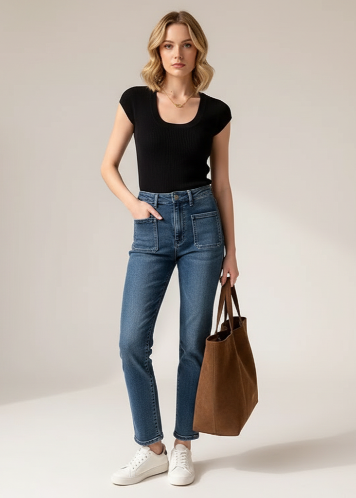 Woman wearing a black top, blue jeans, and white sneakers holding a brown bag on a beige background