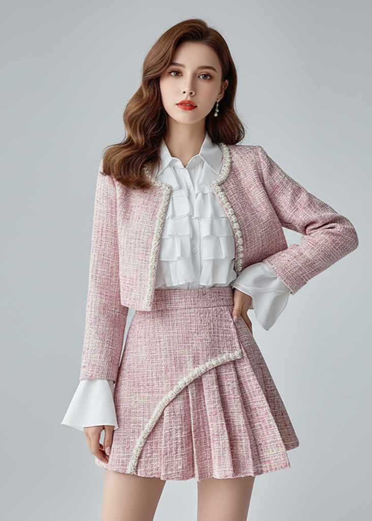 Woman wearing a pink tweed outfit with a white shirt on a gray background